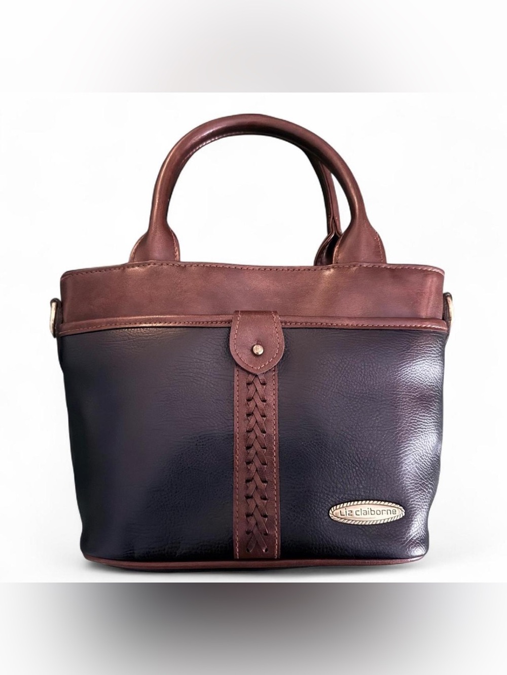 Vintage Liz Claiborne Two Tone Black and Brown Braided Accent Leather Handbag